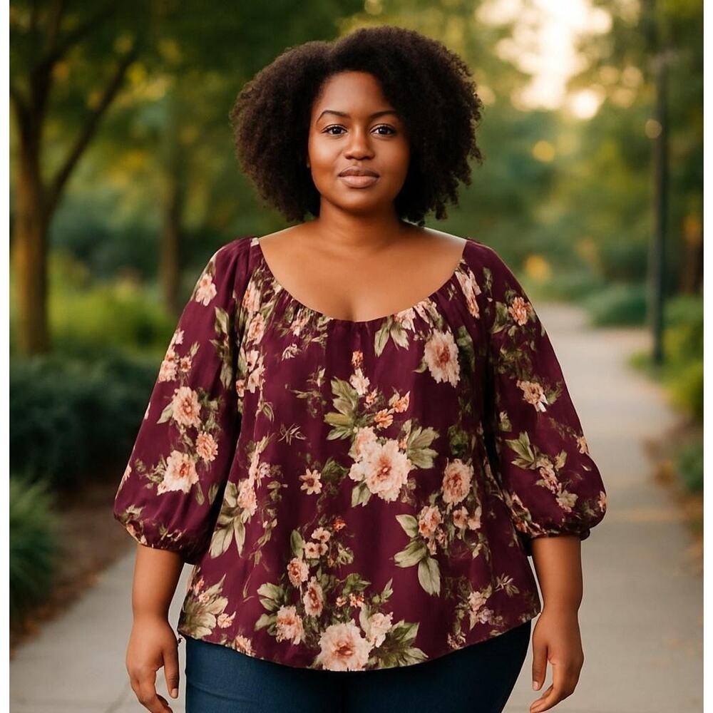 Charlotte Russe Blouse Womens 3X Purple Floral Peasant Top Boho Flowy 3/4 Sleeve
